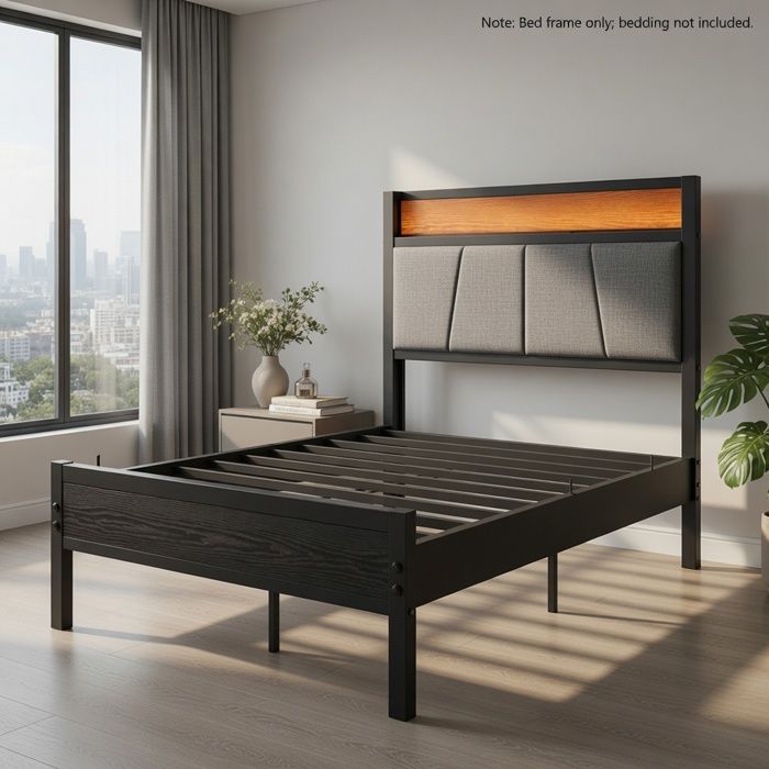 CollaHausse Cadre de Lit LED 90x200cm Tête Rangement USB Métalnoir