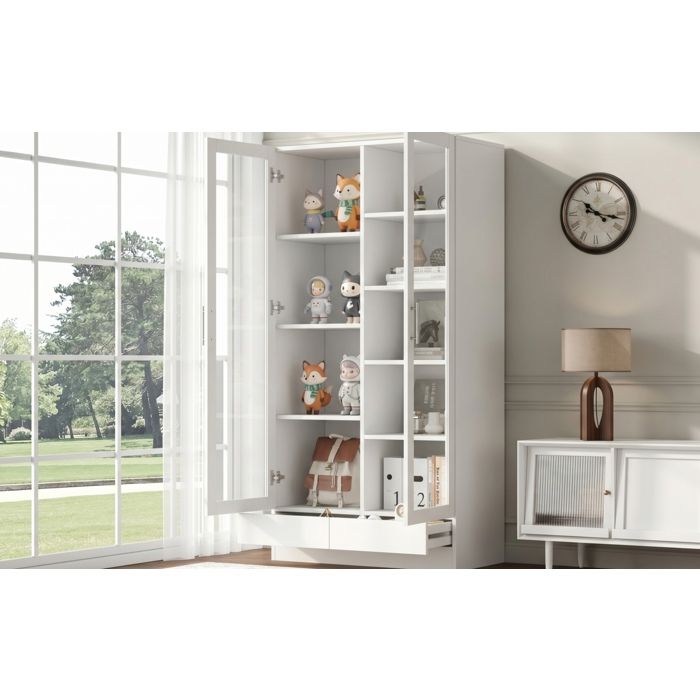 Armoire vitrée de rangement 80 x 40 x 160 cm blanche avec 2 portes en verre 2 tiroirs et étagères asymétriques