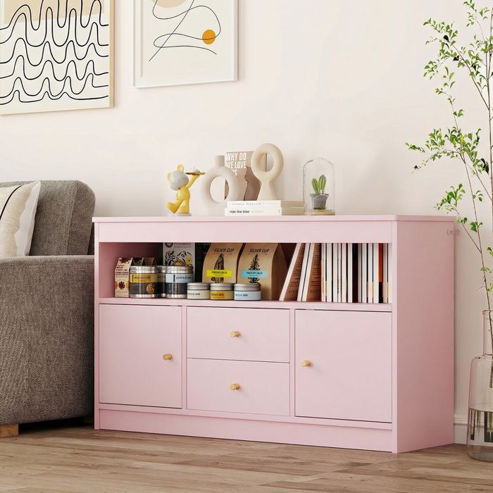 Coffre à jouet enfant-COSTWAY-avec 1 Étagère Ouverte 2 Tiroirs 2 PortesAnti-Basculement & Coins Arrondis 106x30x62CMRose Coffre à jouet enfant-COSTWAY-avec 1 Étagère Ouverte 2 Tiroirs 2 PortesAnti-Basculement & Coins Arrondis 106x30x62CMRose