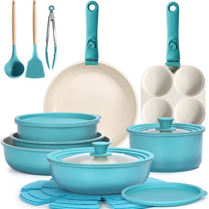 Batterie Cuisine 21 Pièces Granit Antiadhésif Poignée Amovible Poêles Induction Empilable Four Lave-Vaisselle Bleu
