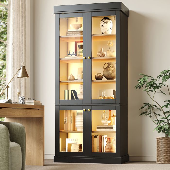 Vitrine haute 4 portes vitrees EVRYAE 80 x 40 x 180 cm avec eclairage LED integre et rangement noir