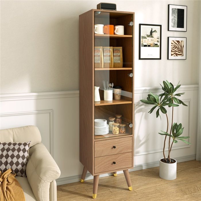 Meuble haut élégant avec vitrage 2 tiroirs et étagères modulables finition bois clair idéal pour séjour bureau ou salle de bain Meuble haut élégant avec vitrage 2 tiroirs et étagères modulables finition bois clair idéal pour séjour bureau ou salle de bain