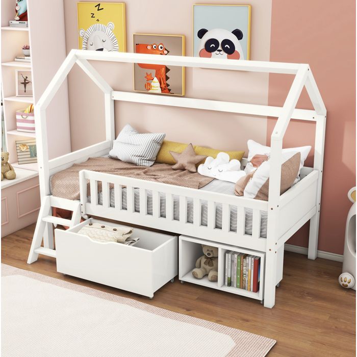 VUENOR Lit cabane enfant 90x200 cm blanc avec barrière anti-chute tiroir sans matelas
