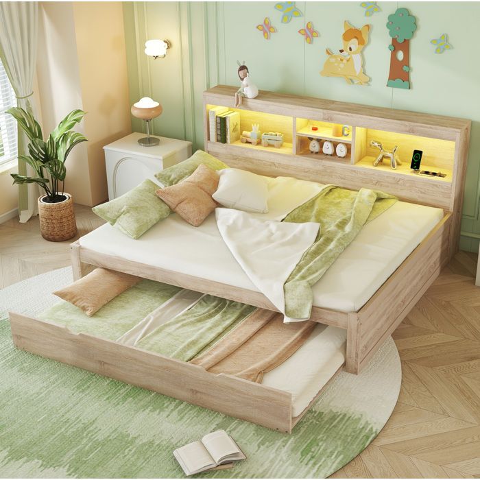 Lit gigogne 140x200 cm - LED - rangement latéral - prises USB - naturel - sans matelas