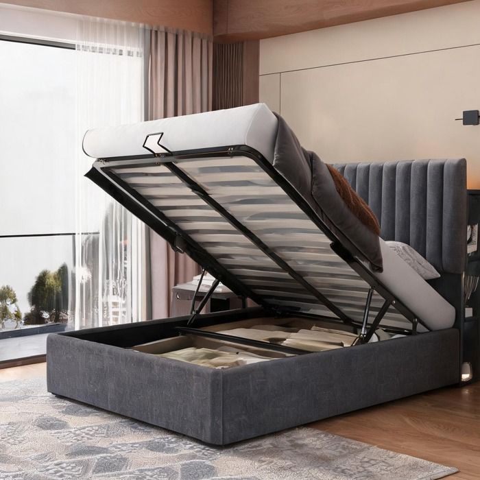 Sommier tapissier 160x200 cm soft gray avec LED App-Control USB-C et coffre de rangement