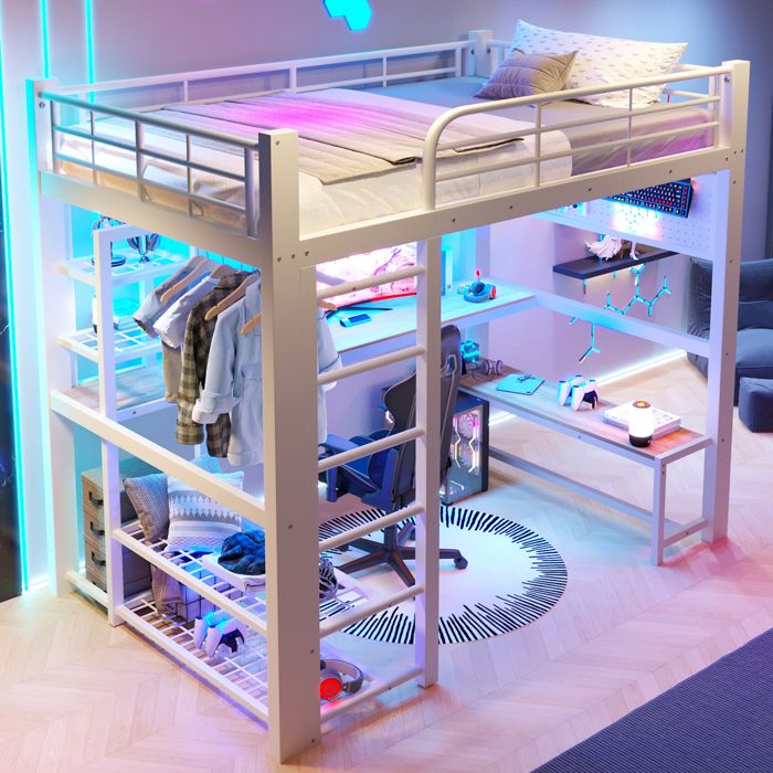 Lit Mezzanine 140x200 Métal Blanc avec Bureau LED et Escalier de Rangement - Lit Surélevé 2 Places pour Ado et Adulte