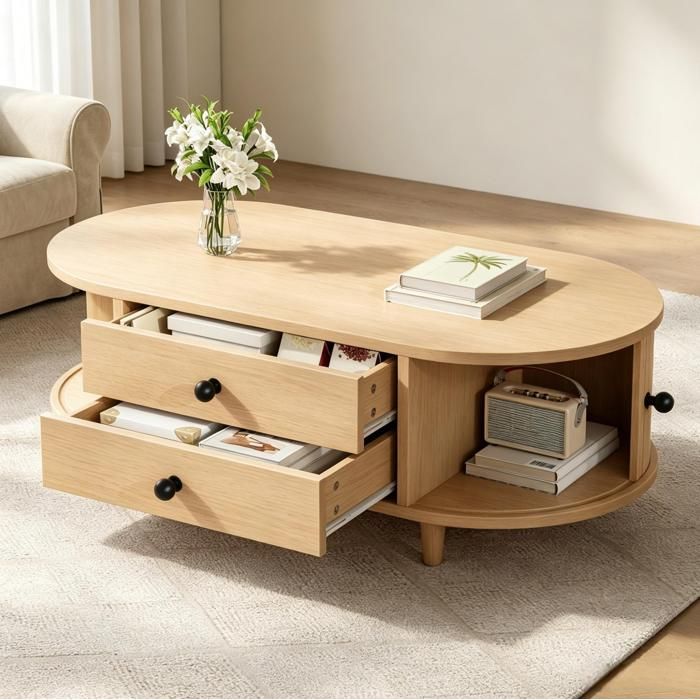 Table basse ronde bois clair 100 x 50 x 36 cm avec 2 tiroirs portes roulantes MDF et pieds bois TYNQER