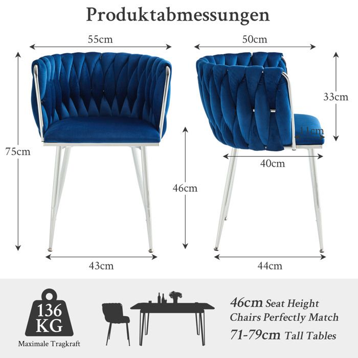 Lot de 2 Chaises de Bar avec accoudoirs et dossier assise 46 cm - MEUNIQ - design tissé ouvert métal tissu bleu marine