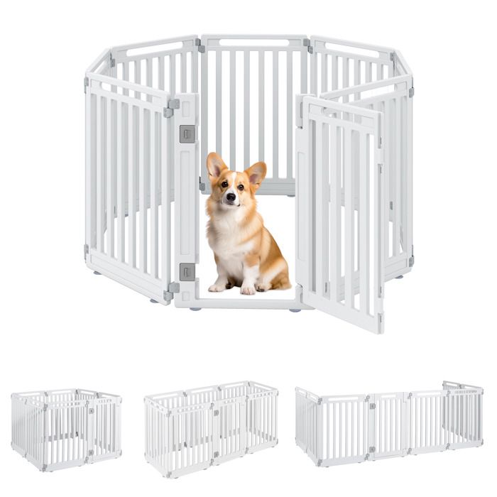 Barrière de Sécurité pour Chiens Chats COSTWAY Escalier/Porte 8 Panneaux en HDPE Intérieur/Extérieur Porte Verrouillable Blanc