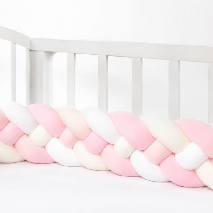 Tour de lit bébé– Tressé nœud protection anti-choc - Tricot main – Bébé chambre– 2M Rose Blanc Blanc laiteux