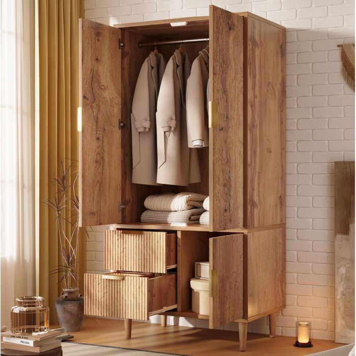 Armoire Chambre Effet Chêne 80x50x177 cm - 3 Portes 2 Tiroirs Bois MDF avec Poignées Dorées
