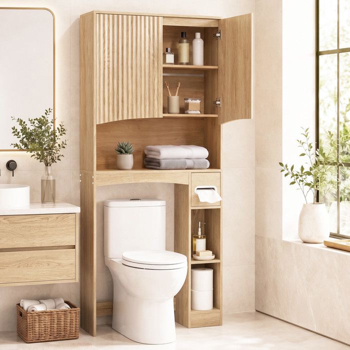 Meuble WC au-Dessus des Toilettes 2 Portes à Lamelles 2 Étagères + Rangement Latéral Porte-Papier Chêne 80 x 22 x 170 cm