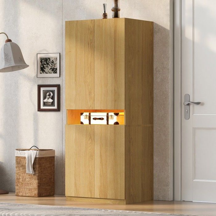 Armoire penderie 70×55×180cm couleur bois éclairage LED grand espace de rangement pour chambre