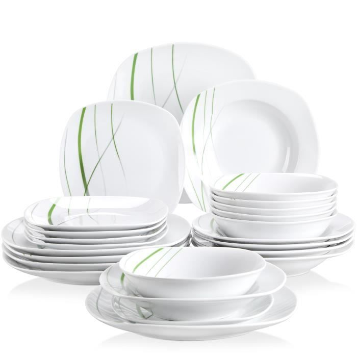 Veweet AVIVA 24pcs Service de Table 6pcs 9.75 Assiette Plate 8.5 Assiette Creuse 7.5 Assiette à Dessert 6.7 Bol Porcelaine