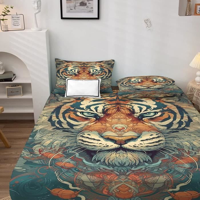 Drap Housse Enfant 90x190cm Tigre Jungle - Microfibre Douce | Avec Taie D'Oreiller Kawaii