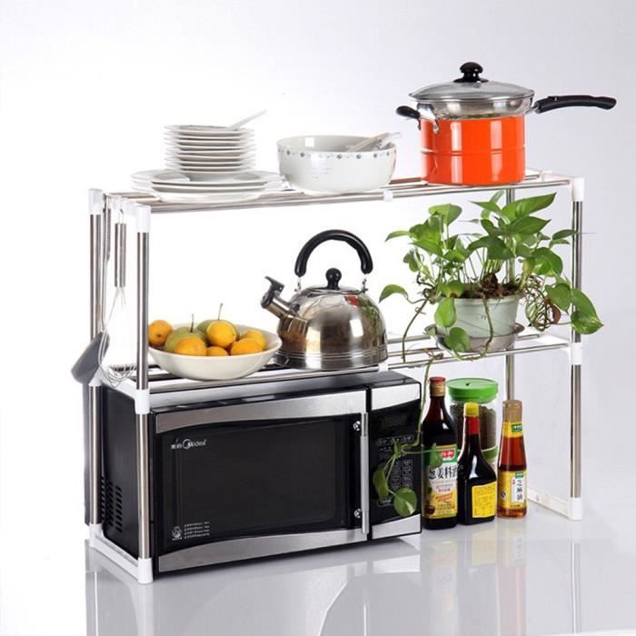 QIFAshma®MEUBLE ETAGERE-Lot de 2 Étagère multifonction Support de Four à Micro-Ondes Extensible avec 6 Crochets 47-87x24x63cm(L*W*H)