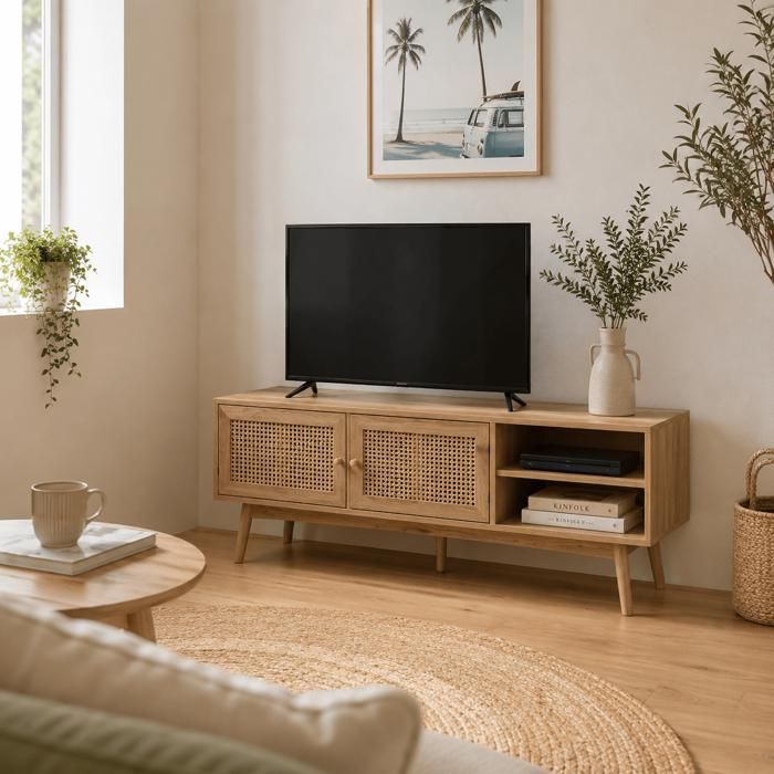 Mobile TV BAÏTA Ines In Cannage E Truciolare – 140 Cm, Marrone, Stile Naturale
