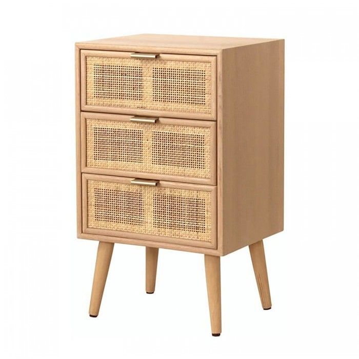 CALICOSY - Table de chevet 3 Tiroirs Façade en Cannage Rotin Naturel - MIYA - Bois clair