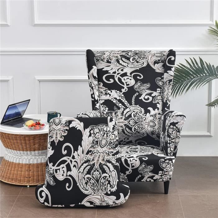 Housse De Fauteuil à Oreilles 2 Pièces - Tissu Élastique Jacquard - Gris - Protection Antidérapante