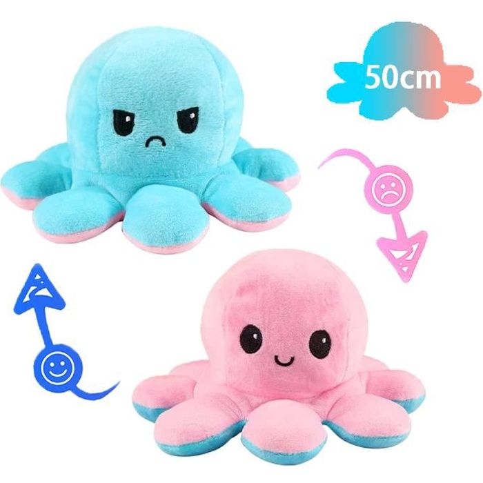 Peluche pieuvre reversible geante 50cm rose et bleu Double Face