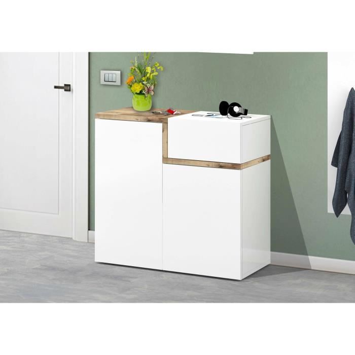 Dmora Meuble à chaussures Ryan Armoire polyvalente avec 2 portes et 1 porte abattante 80x40h80 cm Blanc brillant et Érable