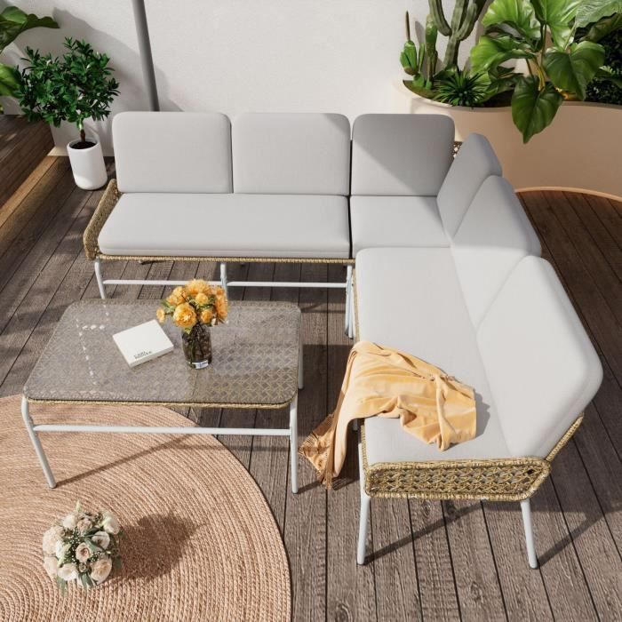 Salon Jardin TecTake 4 Places - Polyrotin Modulable - Canapés, Table Verre, Coffre Rangement - Style Moderne
