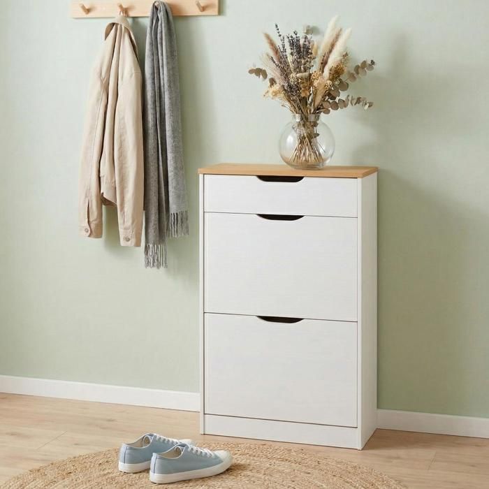 Meubles à chaussures BASIL rangement armoire avec 2 abattants et 1 tiroir en pin massif lasuré blanc et brun