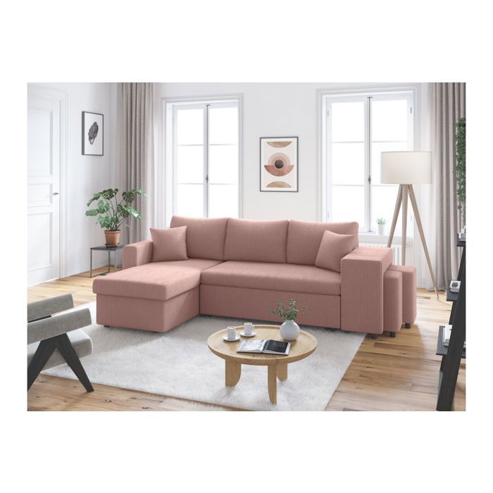 Canapé dangle réversible convertible OSLO avec coffre 2 poufs à droite en velours côtelé rose - L241 x P146 x H81cm - LOUNGITUDE Canapé dangle réversible convertible OSLO avec coffre 2 poufs à droite en velours côtelé rose - L241 x P146 x H81cm - LOUNGITUDE