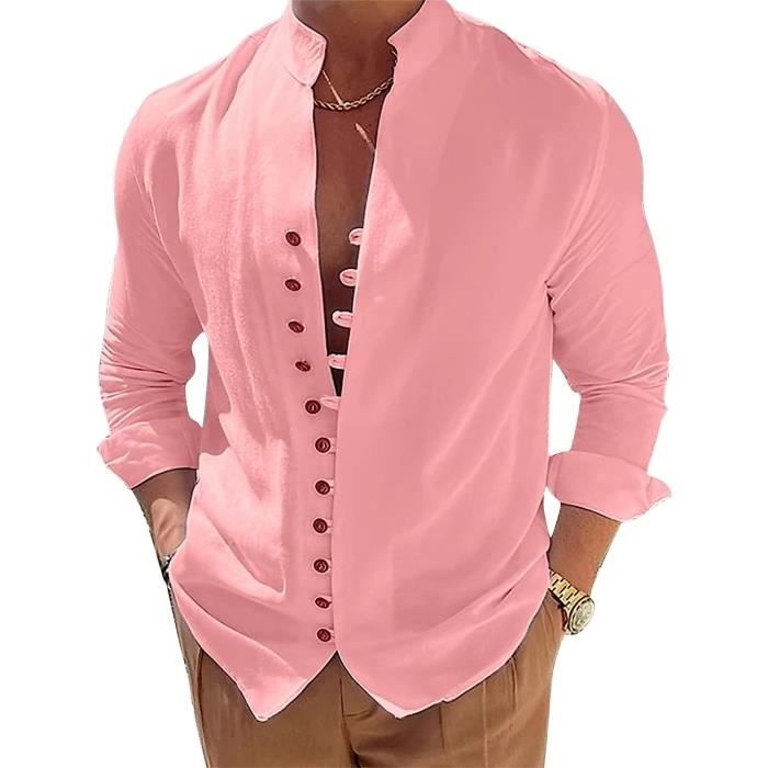 Chemises Casual Homme Chemise Col Mao Homme Cotten Lin Chemise Ete Homme Bouton Chemise Homme Manches Longues Poids couleurs multi