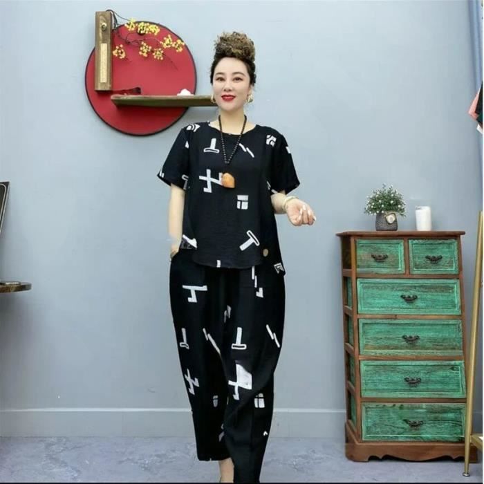 Ensemble 2 Pièces Femme Coton Lin Été – T-Shirt Manches 3/4 + Pantalon Large Poches – Blanc Chic