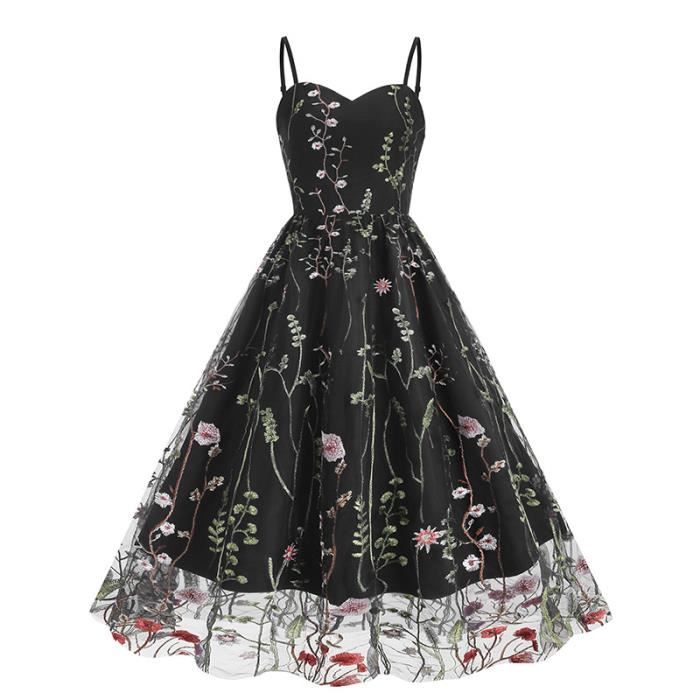 Broderie Robe Fleurs Femme Annee 50 60 Vintage Pin up A-Line sans Manches Slip Cou chri 