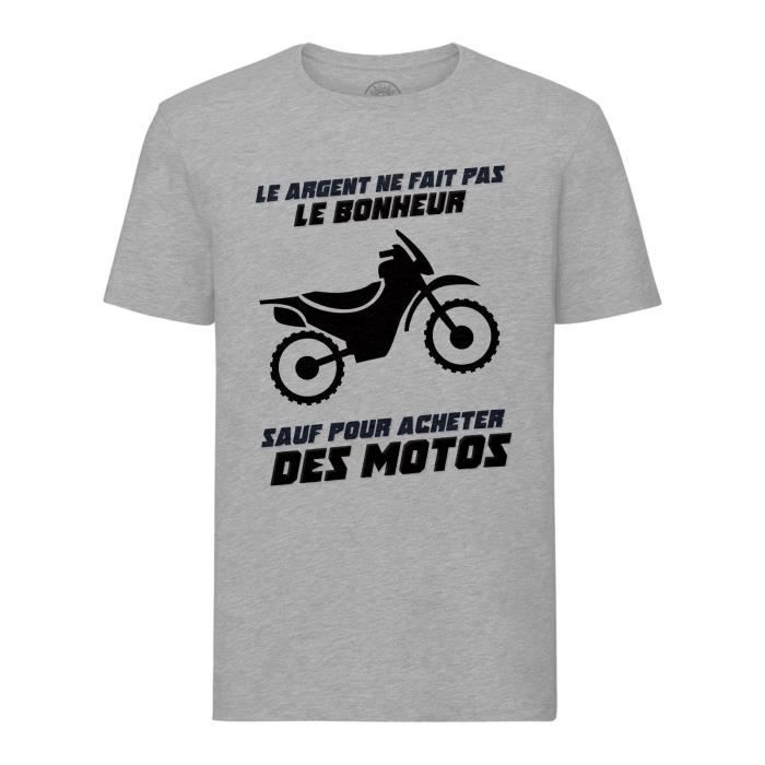 T-shirt Homme Col Rond Gris Moto Cross - L'argent ne Fait Pas le