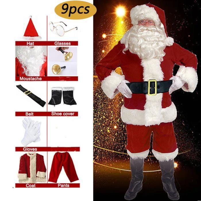 Costume de Père Noël pour Hommes, 9 pcs Complet de Déguisement de Noël pour Adulte Rouge Velours de Luxe Vêtement de Père
