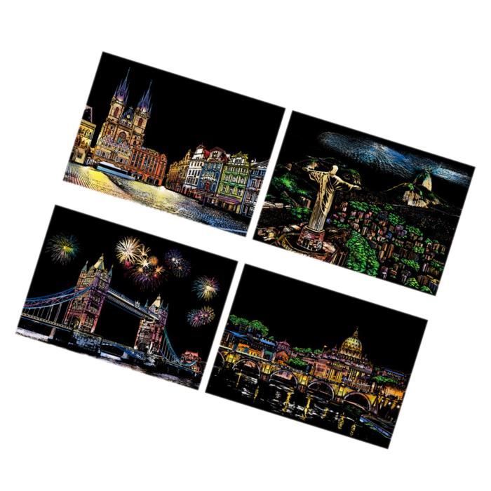 WeddHuis Lot De 4 Cartes à Gratter City Series Night Scene – Feuilles Arc-en-Ciel Avec Stylets En Bois – DIY Créatif Ados
