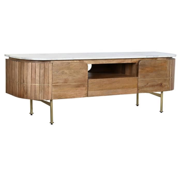 Meuble TV en marbre blanc et bois de manguier coloris naturel - Longueur 147 x Profondeur 43 x hauteur 50 cm