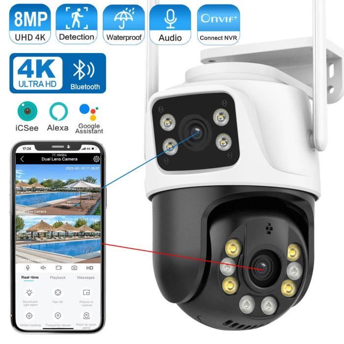 Camera surveillance wifi double objectif 360° Protection de sécurité IP66 8MP détection humaine extérieure Surveillance vidéo ICSEE