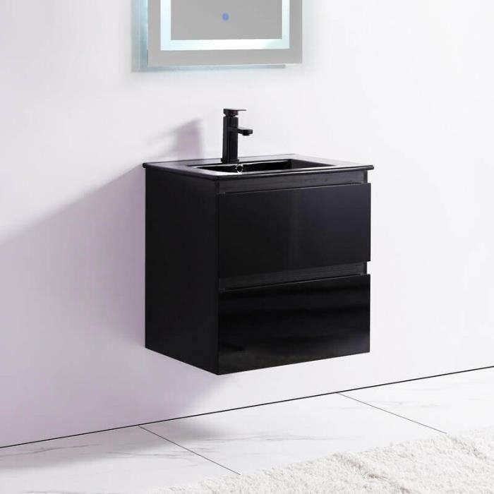 Meuble de salle de bain suspendu 2 tiroirs - Noir - Vasque en céramique - Rue du Bain