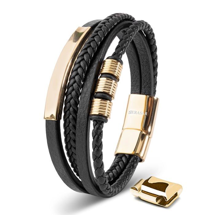 Bracelet en Cuir pour Homme SERASAR B044-17 Or  Bracelet élégant avec fermoir magnétique cadeau parfait pour père ou frère