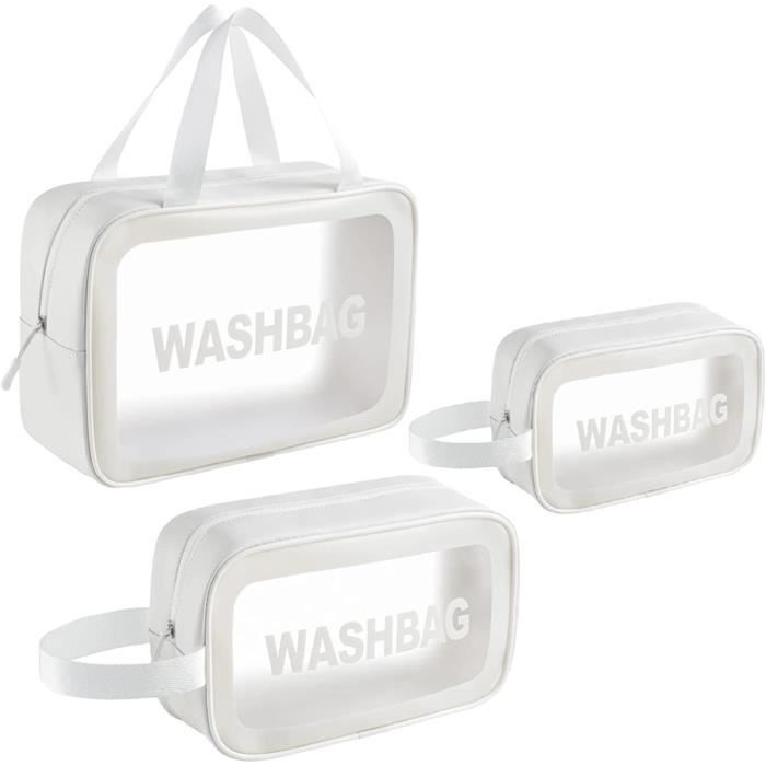 Trousse de Toilette Transparente 3pcs, Trousse de Toilette PVC Étanche pour Femme, Trousse de Maquillage Légère(Blanc)