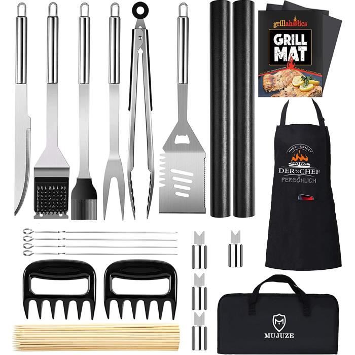 MUJUZE 21 Pcs Set Ustensiles Barbecue Inox - Kit Complet Avec Tablier, Mallette Et Accessoires Pour Grillades Parfaites