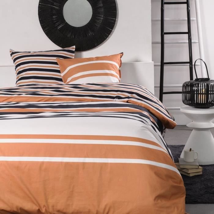 Parure de lit 2 personnes -TODAY - 240x220 cm - 100% Coton - Orange, Noir et Blanc