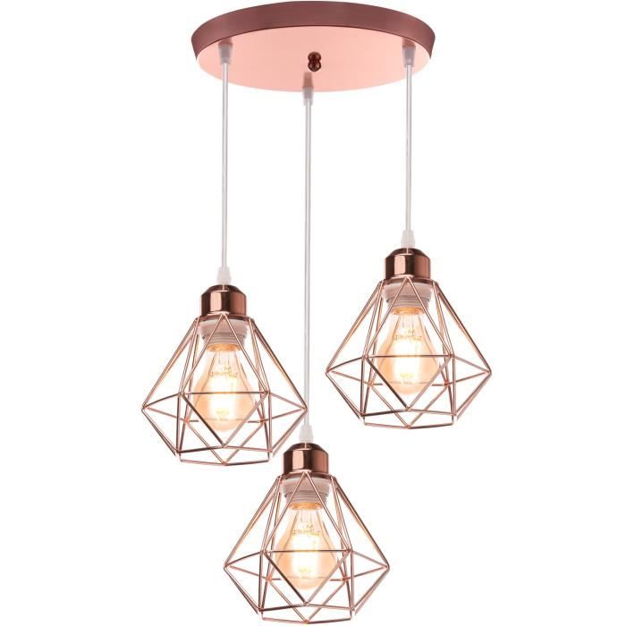 UNI Suspension Luminaire Industrielle 16cm Cage Forme Diamant 3 Lumières Doré Rose Luminaire Salon Hôtel Chambre Café
