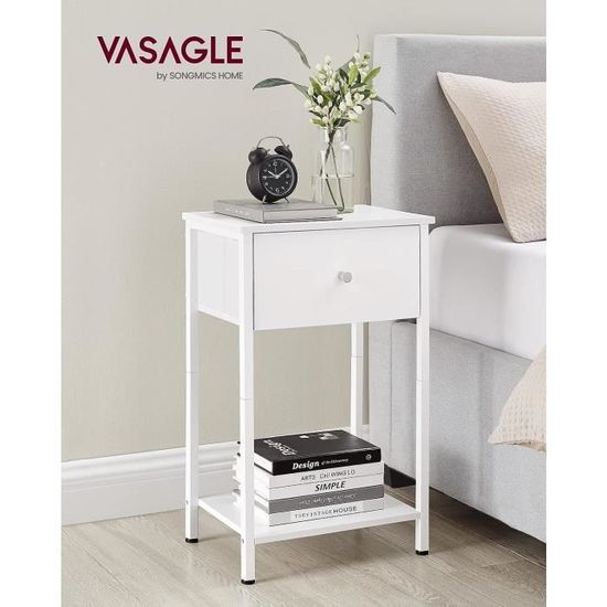 Table De Chevet VASAGLE 2 Tiroirs Tissu - Meuble Rangement Salon/chambre Blanc Et Gris Tourterelle