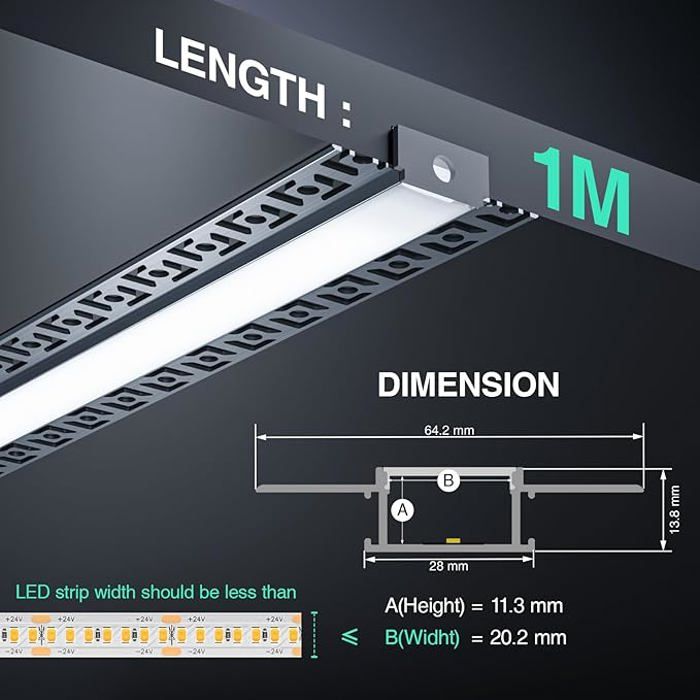 Profilé LED En Aluminium De 2 M - Set Complet Avec Bande LED 12 Mm Et Diffuseur Mat, Couleur Argenté