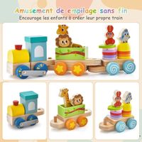 COSTWAY Train En Bois Bébé – 3 Wagons + 14 Blocs, Motifs Animaux, Structure Rétractable, Jouet éducatif à Tirer, Dès 3 Ans, 36x10x14 Cm, Peinture à L'eau