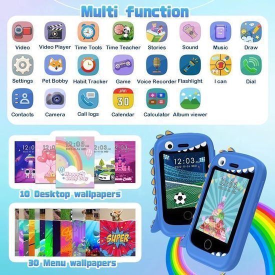 RINOTEG Téléphone Portable Enfant – SOS, Musique, 17 Jeux, Podomètre, Alarme, Caméra 8MP, Livre Audio, Lampe – Dès 4-10 Ans