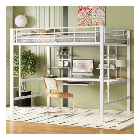 Lit Mezzanine 140x200 Cm, Lit En Fer Forgé, Avec Escalier De Sécurité, Rangements Et Petite Penderie, étagères, Design à Haute Balustrade, Lit Enfant, Lit Ado - Blanc