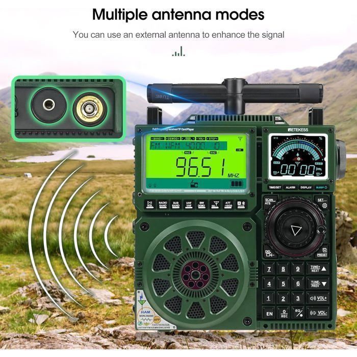 Retekess Radio de banda de aire TR105, radio portátil FM AM SW CB AIR All Band DSP, con reloj digital, alarma, retroiluminación LCD y antena de extensión (gris