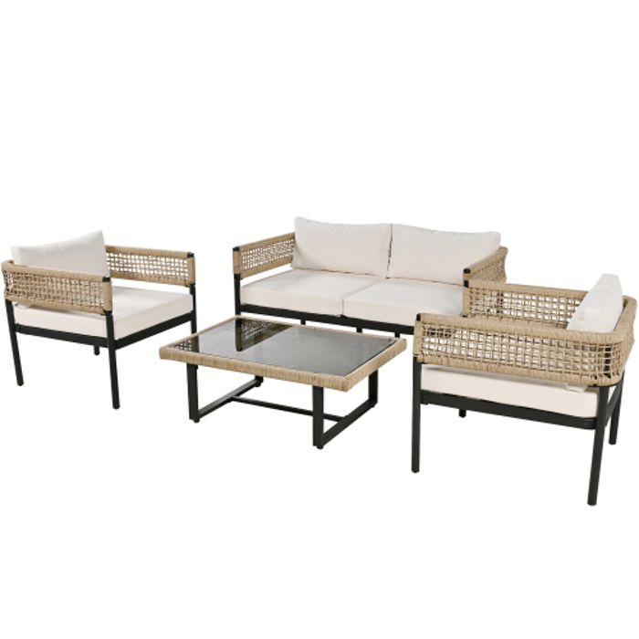 Ensemble Salon De Jardin 4 Places Moderne - Canapé 2 Places + 2 Fauteuils + Table Basse Verre - Noir