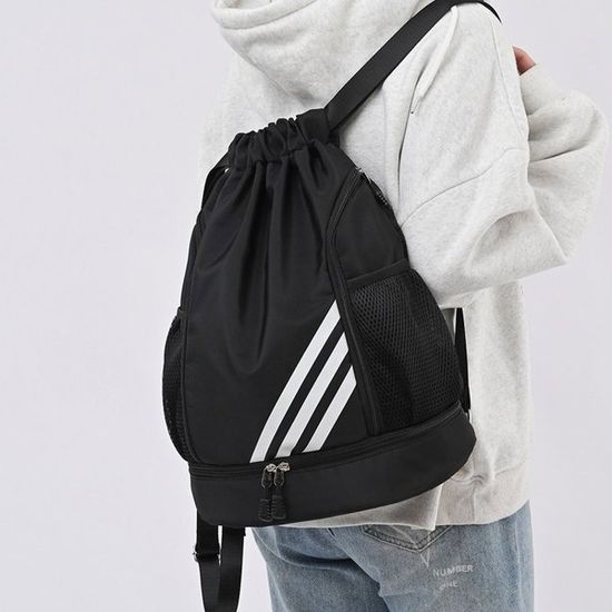 Sac à dos de sport étanche avec cordon de serrage, compartiment à chaussures et poches en filet pour bouteille d'eau, noir - Sport Sac à dos de sport étanche avec cordon de serrage, compartiment à chaussures et poches en filet pour bouteille d'eau, noir - Sport